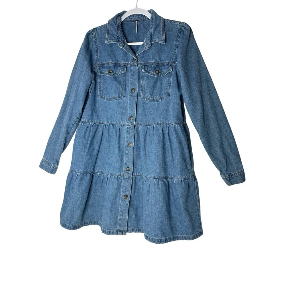 Free People Nicole Denim Shirt Dress Women's Medium Indigo Long Sleeve Button Up